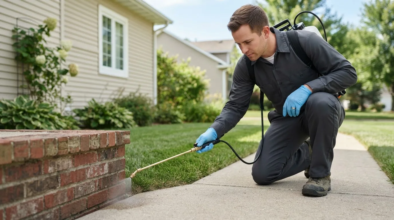 Pest control technician treating a home near Boswell, IN