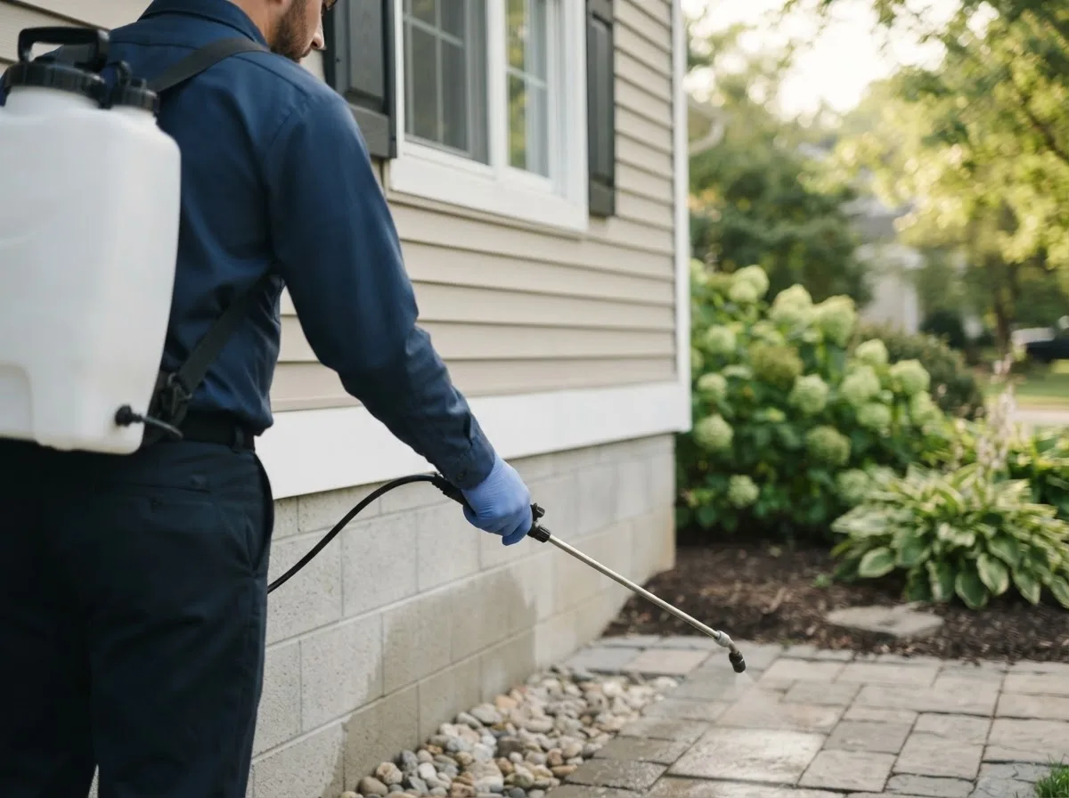 Pest control technician inspecting a home in Boswell, IN